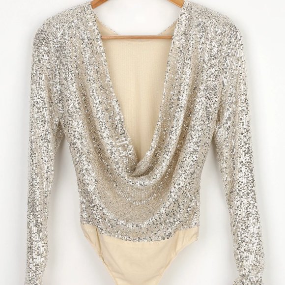 Lulus Shimmering Love Silver Sequin Cowl Back Bodysuit in Medium - Picture 2 of 2